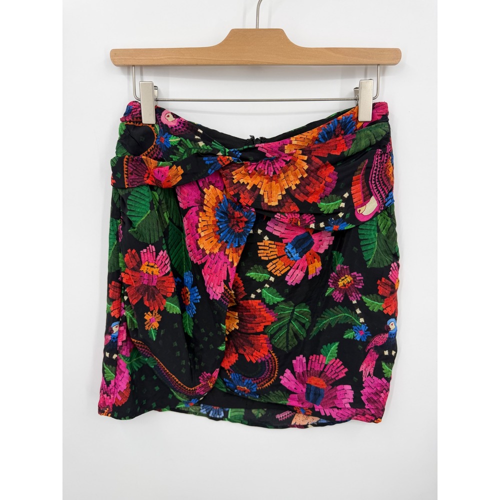 Farm Rio Tropical blooming garden Mini Skirt XS Black Multi Floral Draped Wrap